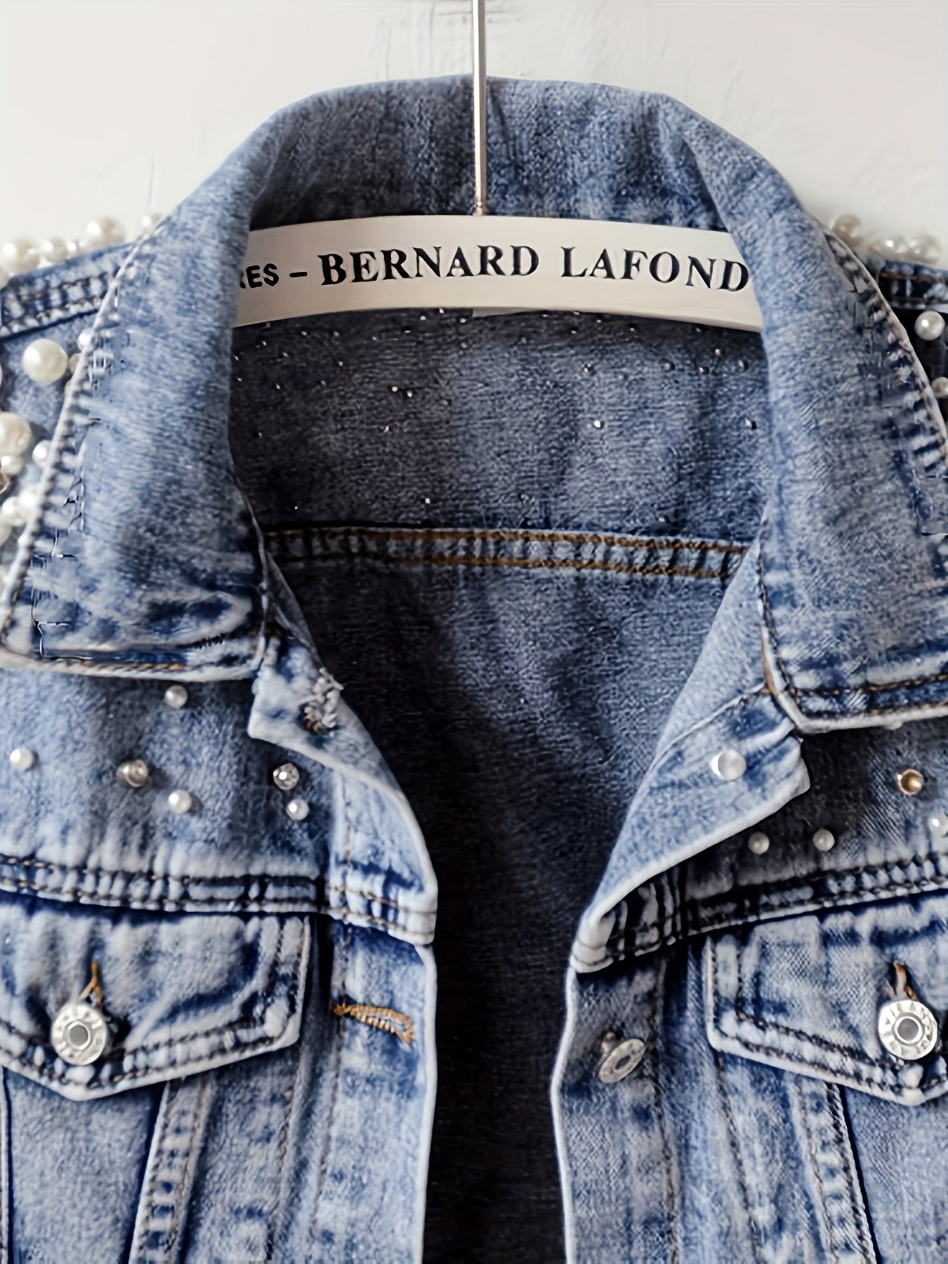 Women's Denim Jacket with Pearl Rhinestone Embellishments Casual Spring Fall Outerwear
