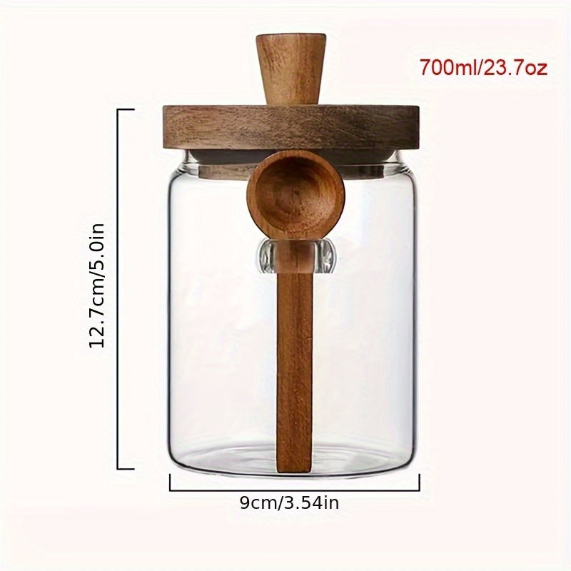 Glass Storage Jar with Acacia Wood Lid and Spoon for Kitchen Food Spices Nuts Candy Airtight Container
