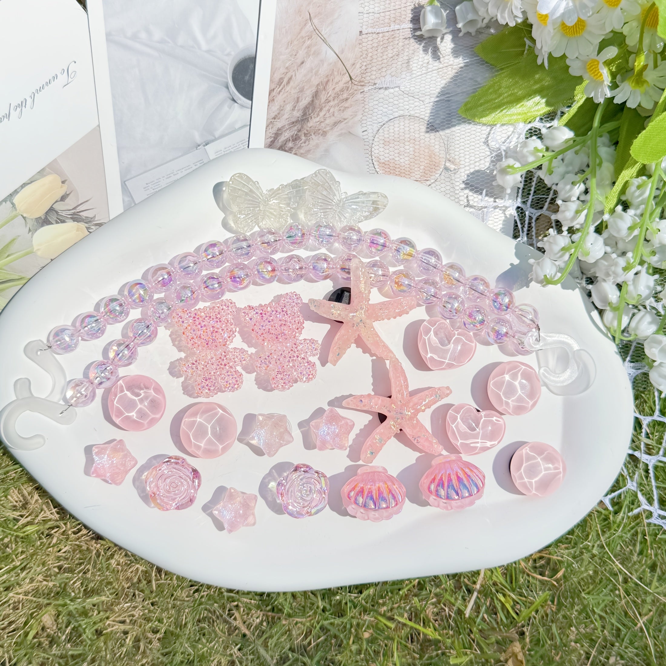 22pcs Pink Chain Bear Shell Starfish Shoe Accessories for Slippers and Beach Shoes