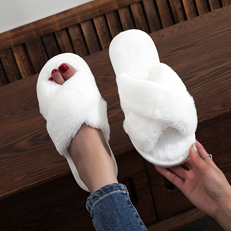Women's Slip-On Cross Strap House Slippers Plush Furry Lining Flat Shoes