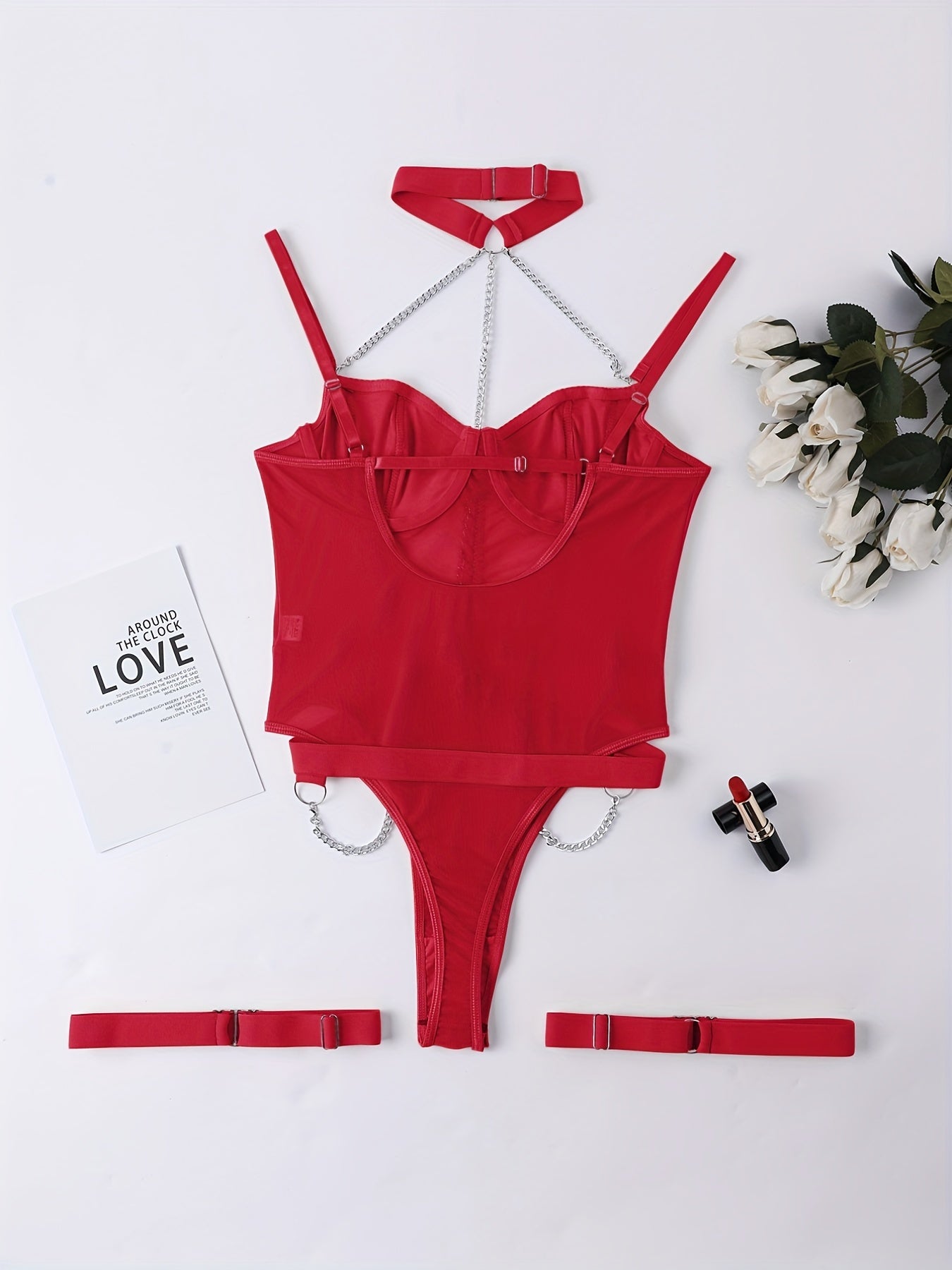 Women's Mesh Halter Teddy with Chain Backless Thong Lingerie