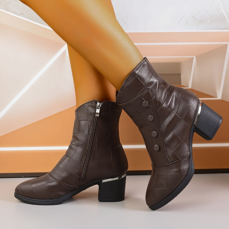 Women's Black Chunky Block Heel Ankle Boots Winter Zipper Slip-Resistant