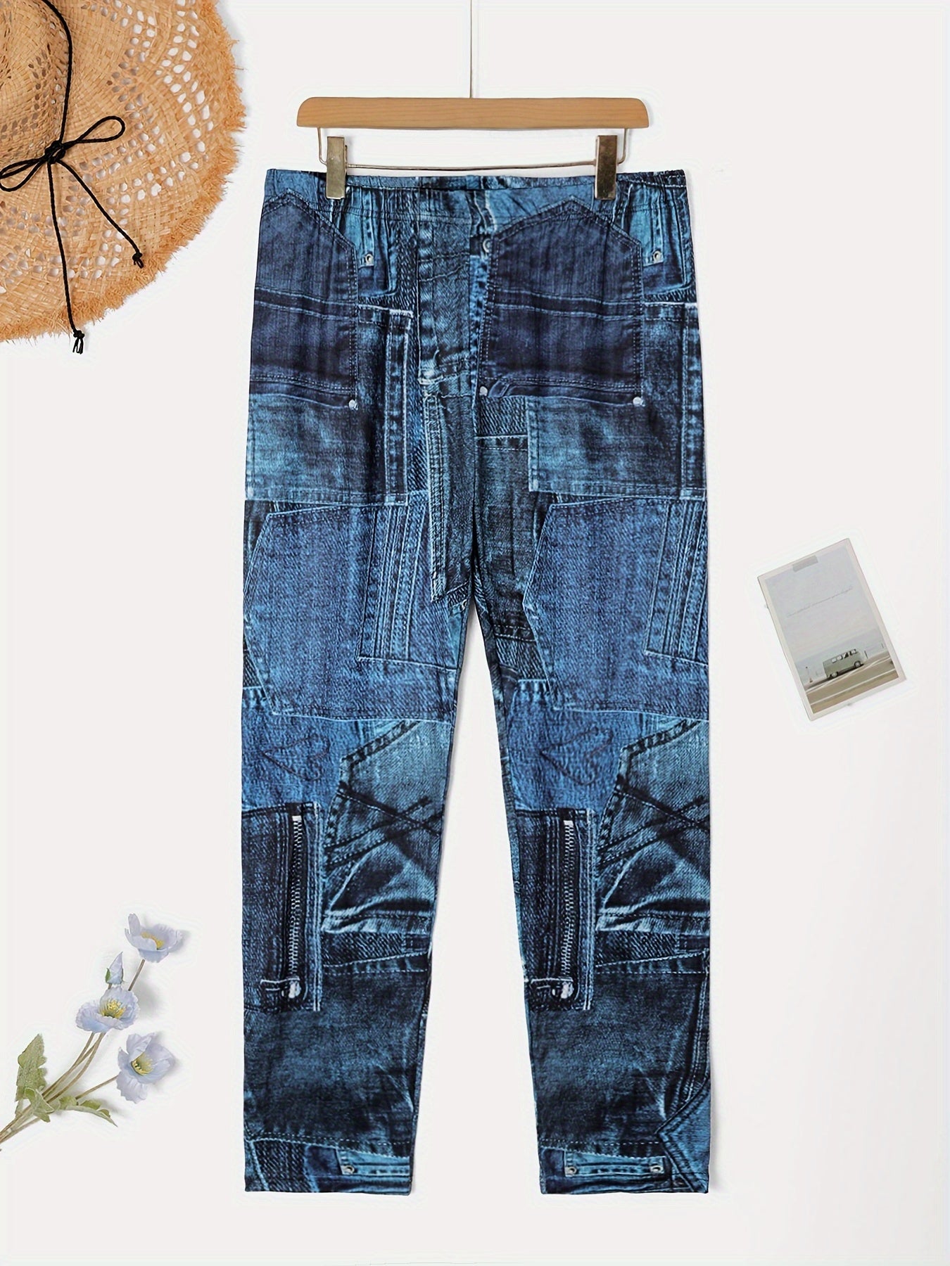 Plus Size Floral Leggings Fleece Lined High Waist Skinny Pants Women