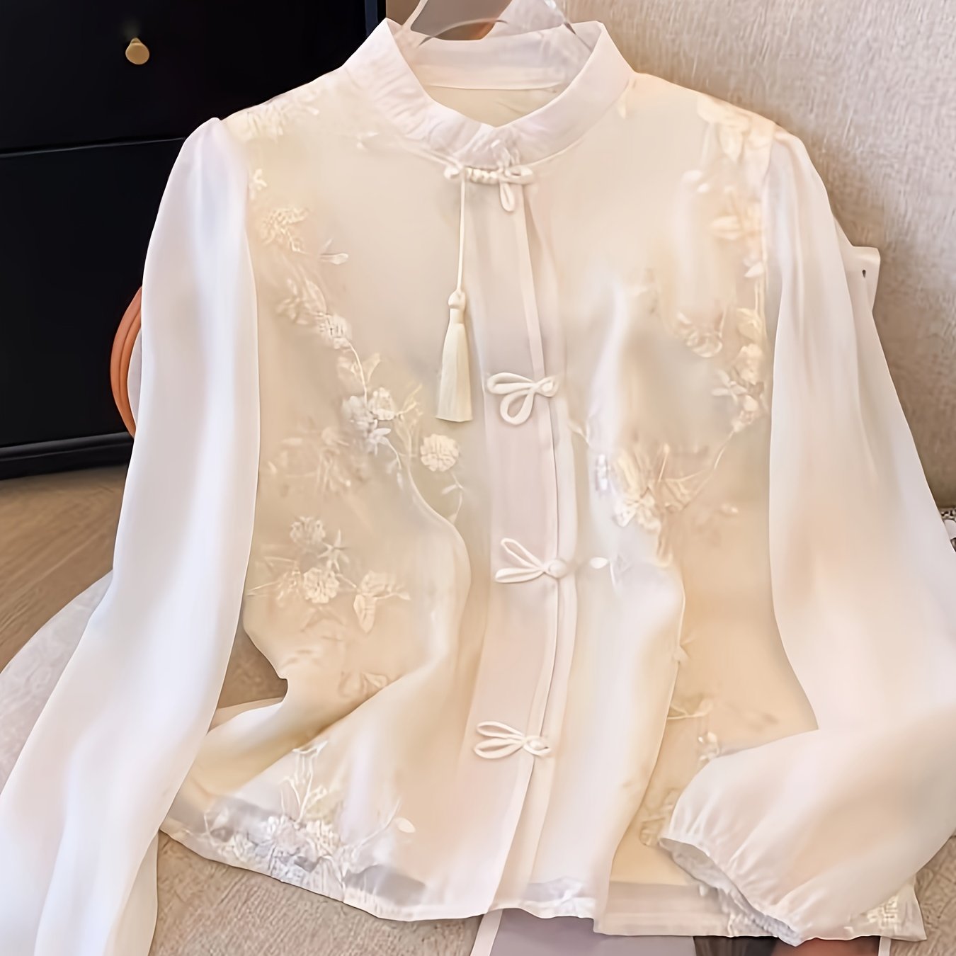 Women's Embroidered Long Sleeve Blouse with Stand Collar Polyester Woven Spring Summer Fashion
