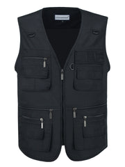 Men's Plus Size Black Polyester Cargo Vest with Multiple Pockets for Outdoor Activities