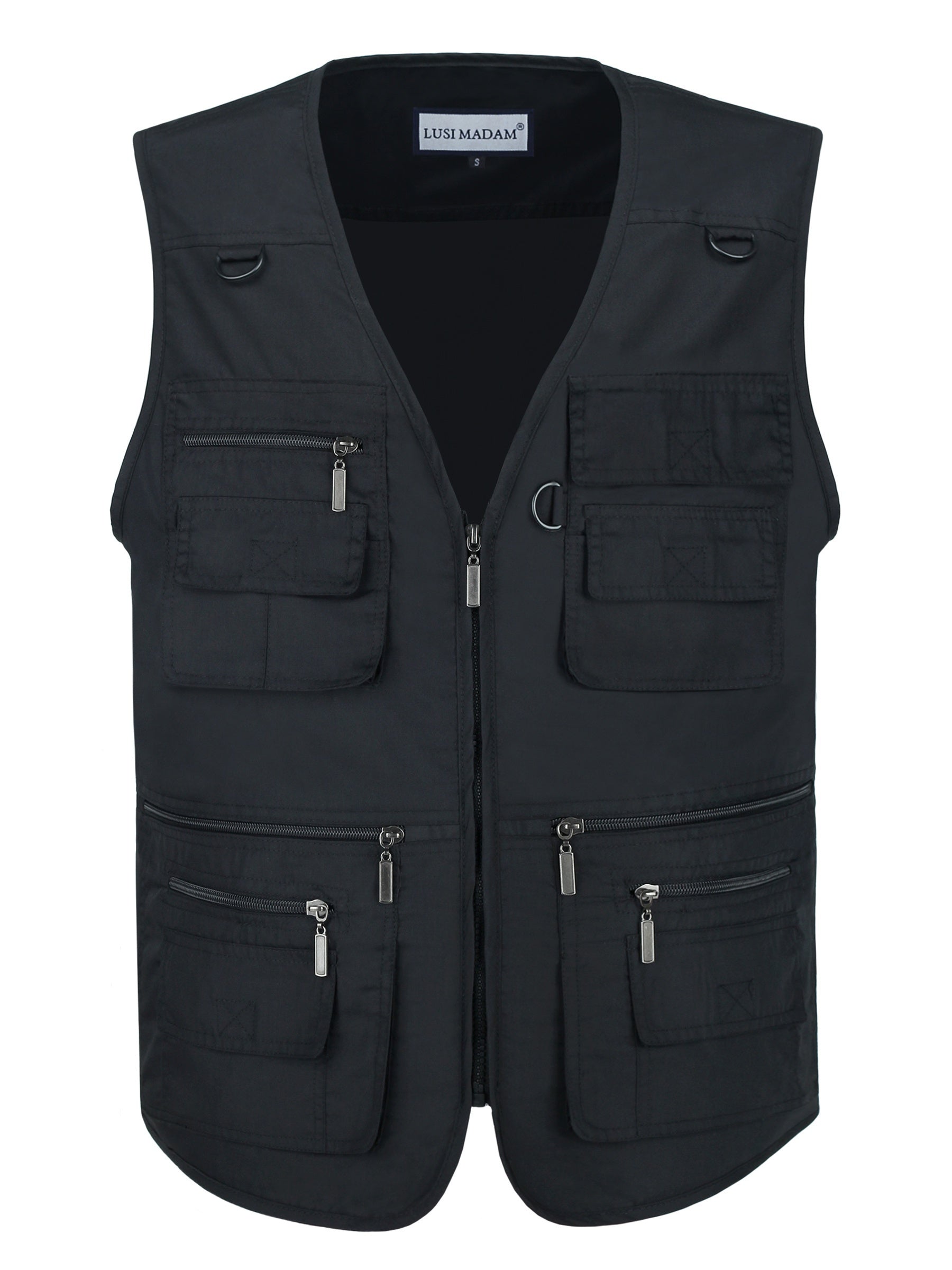 Men's Plus Size Black Polyester Cargo Vest with Multiple Pockets for Outdoor Activities
