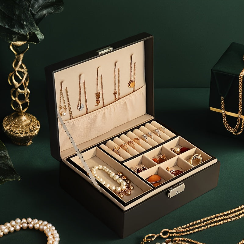 Yolgʻon charm bilan qulflangan ayollar aksessuarlari uchun ikki qavatli tashkilotchi bilan charm o‘ymakorlik qutisi