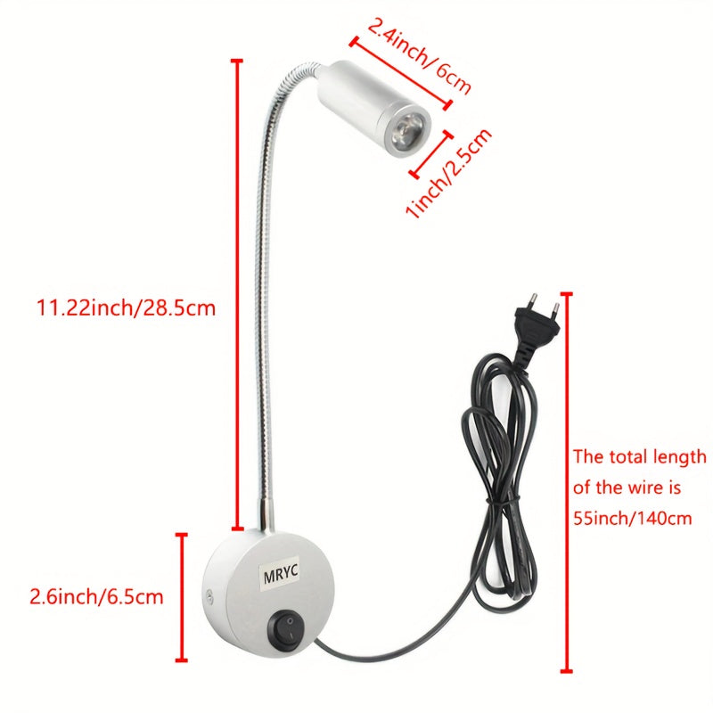 Wall-Mounted LED Reading Light with Flexible Goose Neck and Switch for Bedroom Office Studio