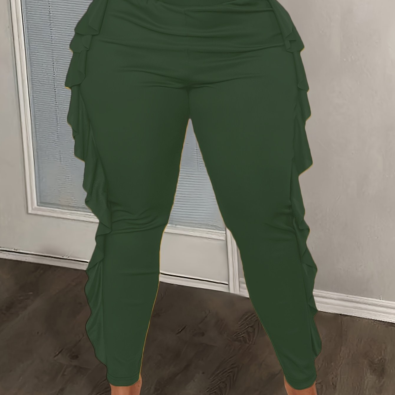 Women’s Knitted Slim Fit Trousers With Side Slit and Ruffles Plus Size