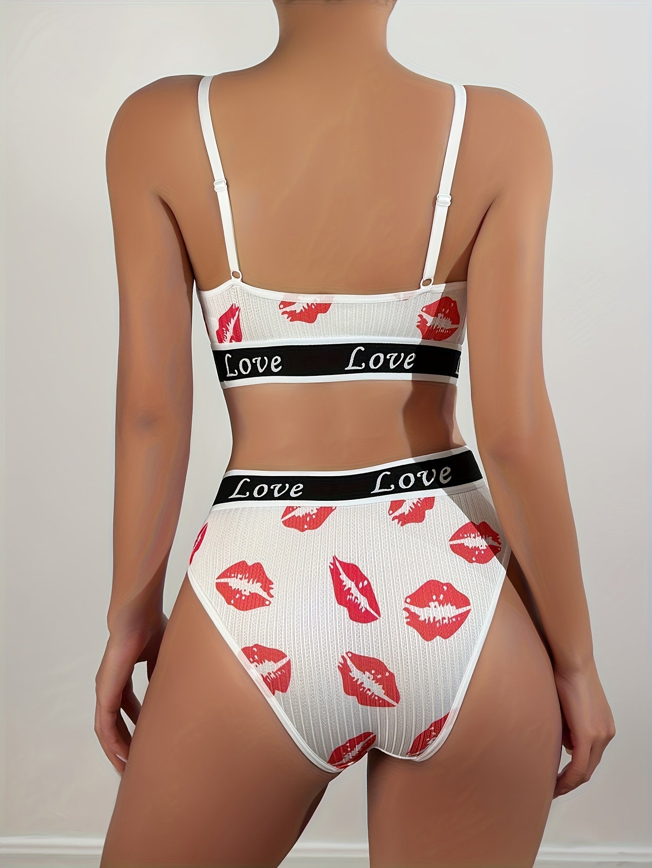 Women's Valentine's Day Lingerie Set with Red Lips Print and Love Letter Tape