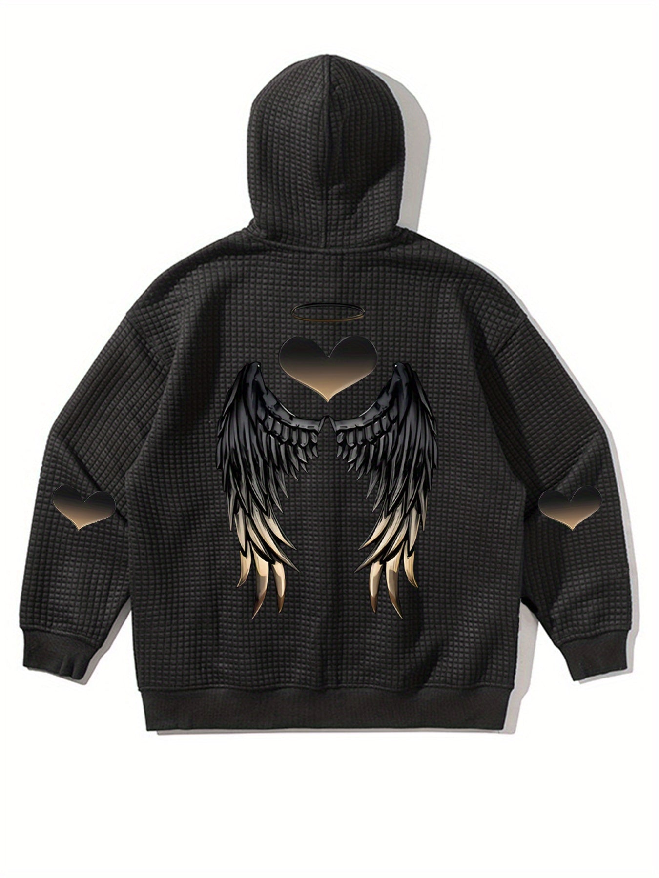 Women's Black Waffle Knit Hooded Zip-Up Jacket Casual All-Season Coat