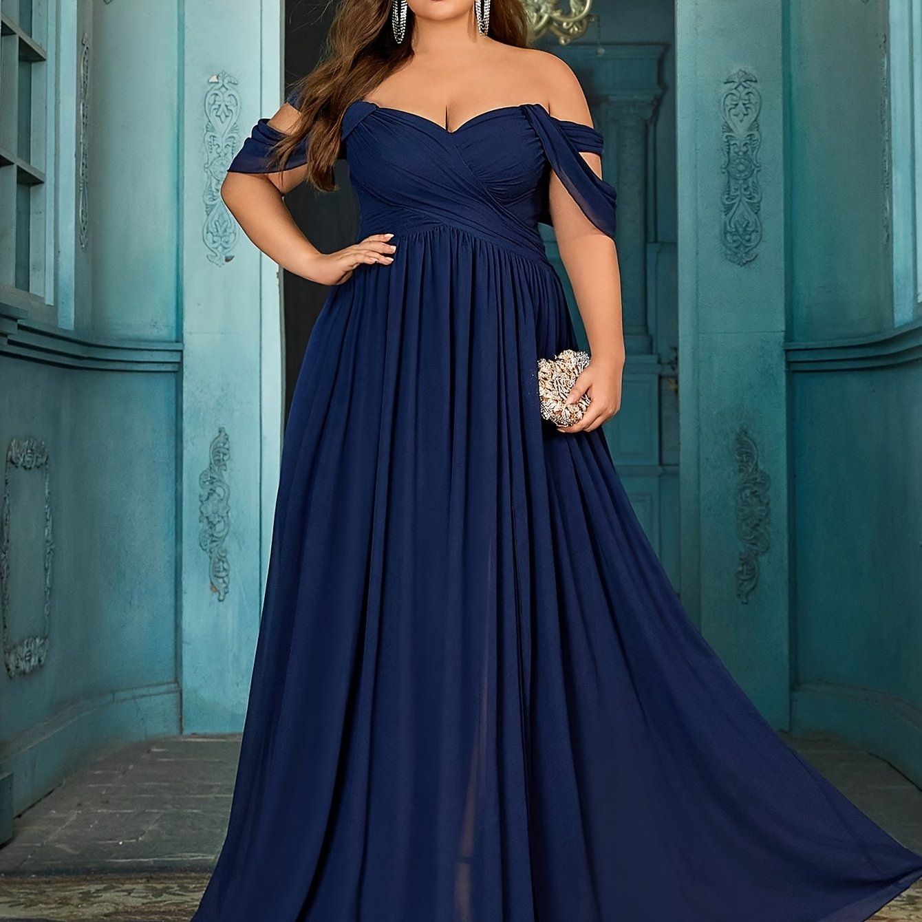 Plus Size Teal Maxi Dress Women Off-Shoulder Ruched A-Line Evening