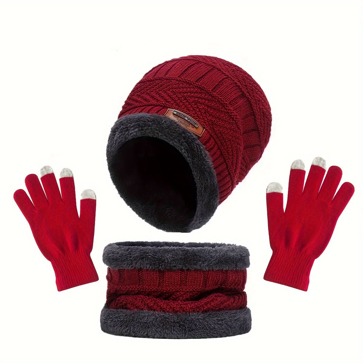 Winter Warm Velvet Hat Scarf Gloves Set for Boys and Girls, Outdoor Riding