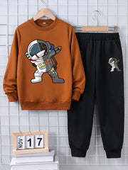Boys' Astronaut Print Sweatshirt and Pants Set Loose Fit Color Block Spring Fall Outdoor Wear