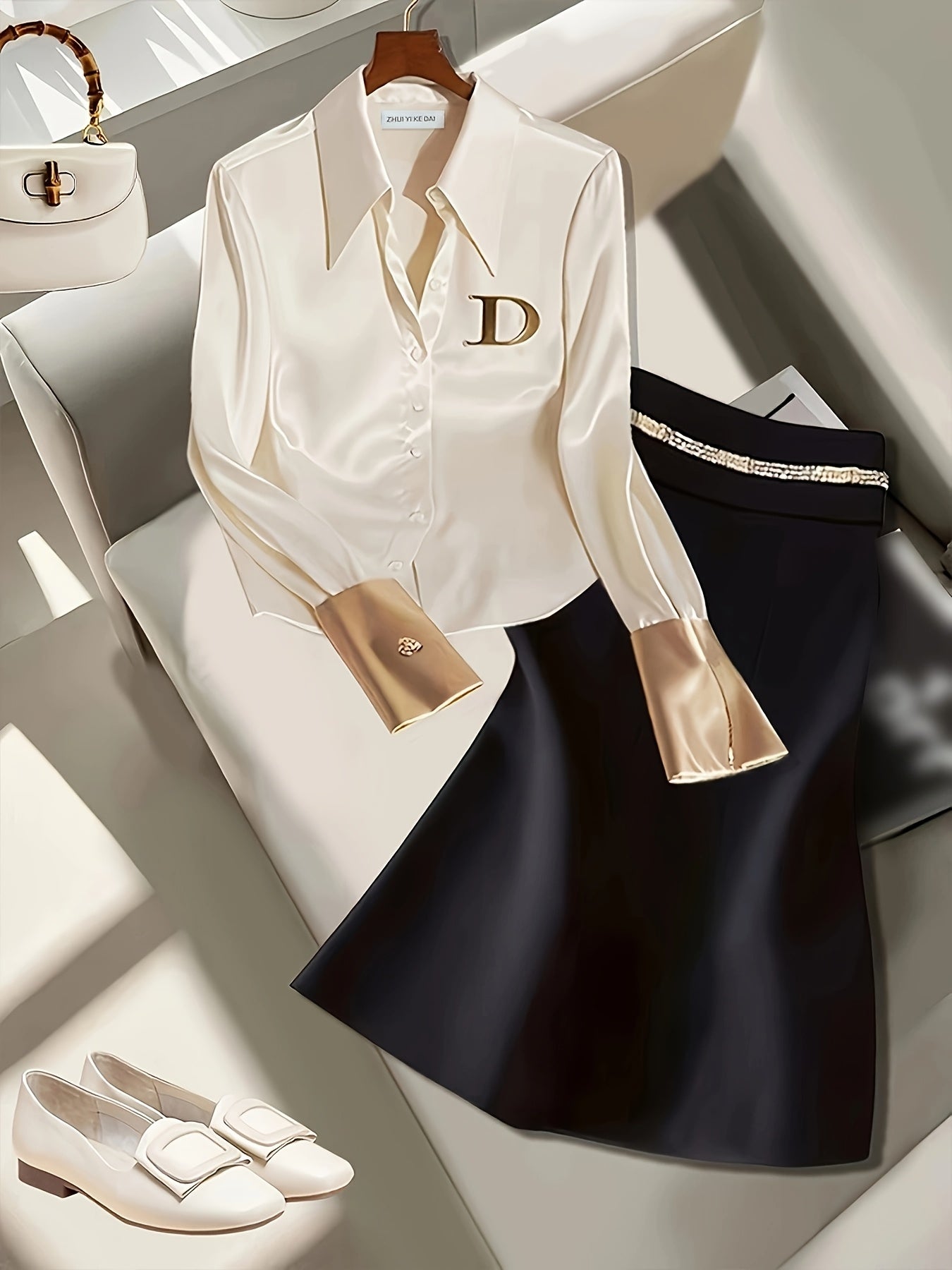 Women's Polyester Blouse with Wide Collar Alphabet Embellishments and Zipper Detail