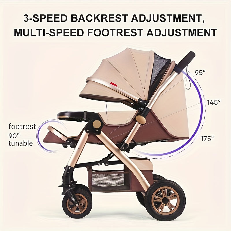 Kids Stroller Khaki and Brown Striped with High Carbon Steel Frame One-Hand Fold Front-Facing