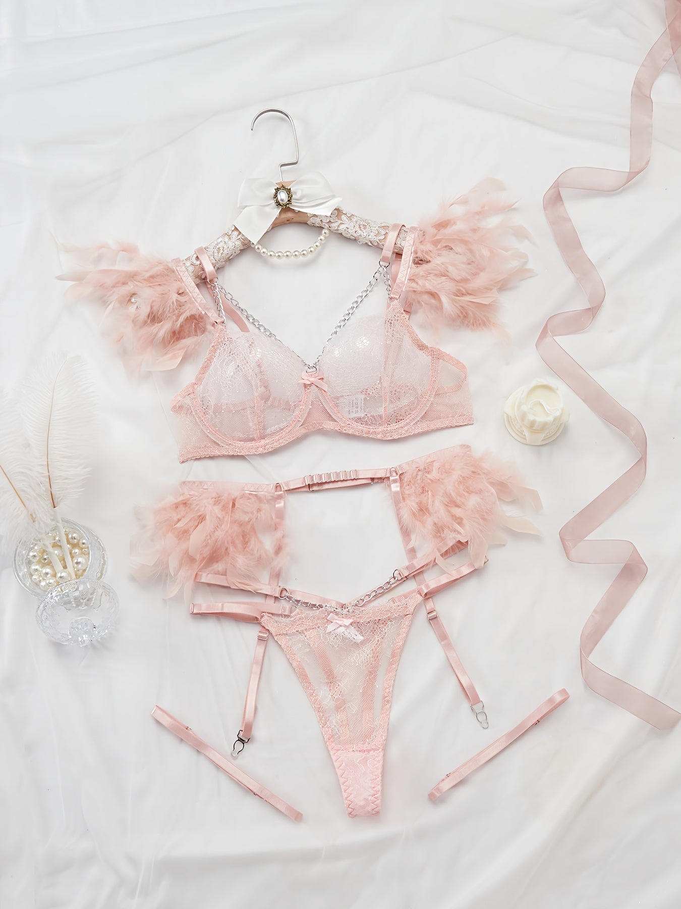 Women’s Lingerie Set with Steel Circle Gathering, Transparent Velvet and Natural Velvet