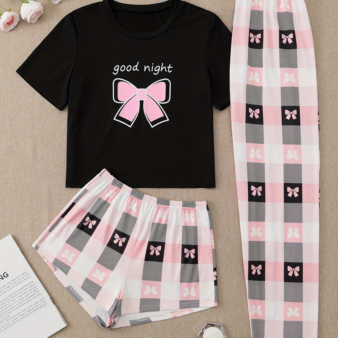Women's Short Sleeve Pajama Set with Bow Print and Plaid Shorts