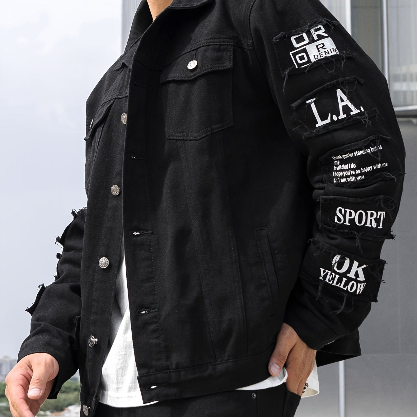 Мужская джинсовая куртка из хлопка с длинными рукавами, повседневный стиль, алфавитный узор, с карманом