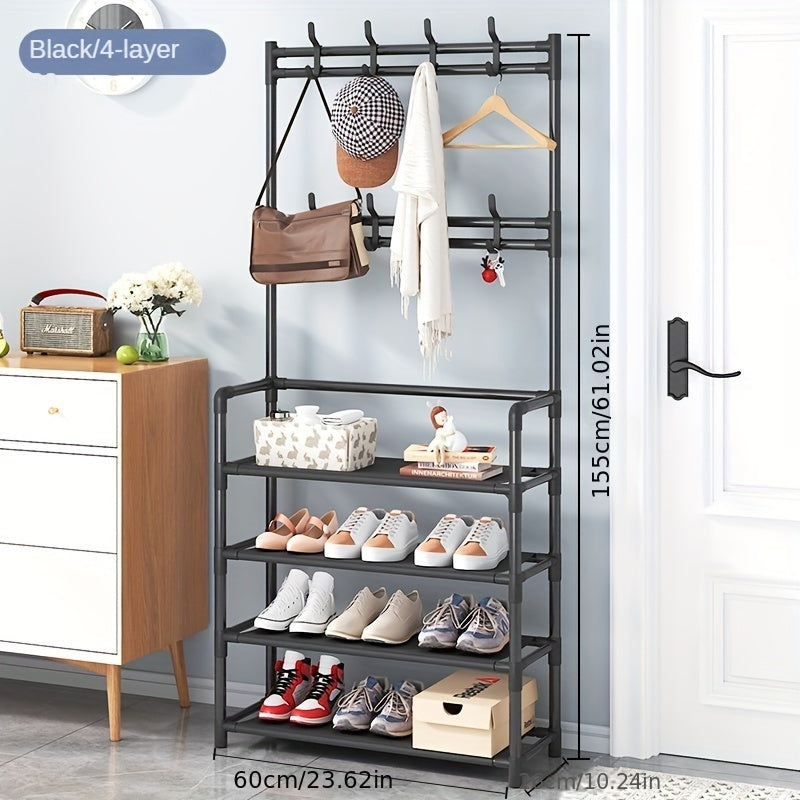 Stainless Steel 4-Tier Coat and Shoe Rack with 8 Hooks for Entryway Living Room Bedroom Office Black or White