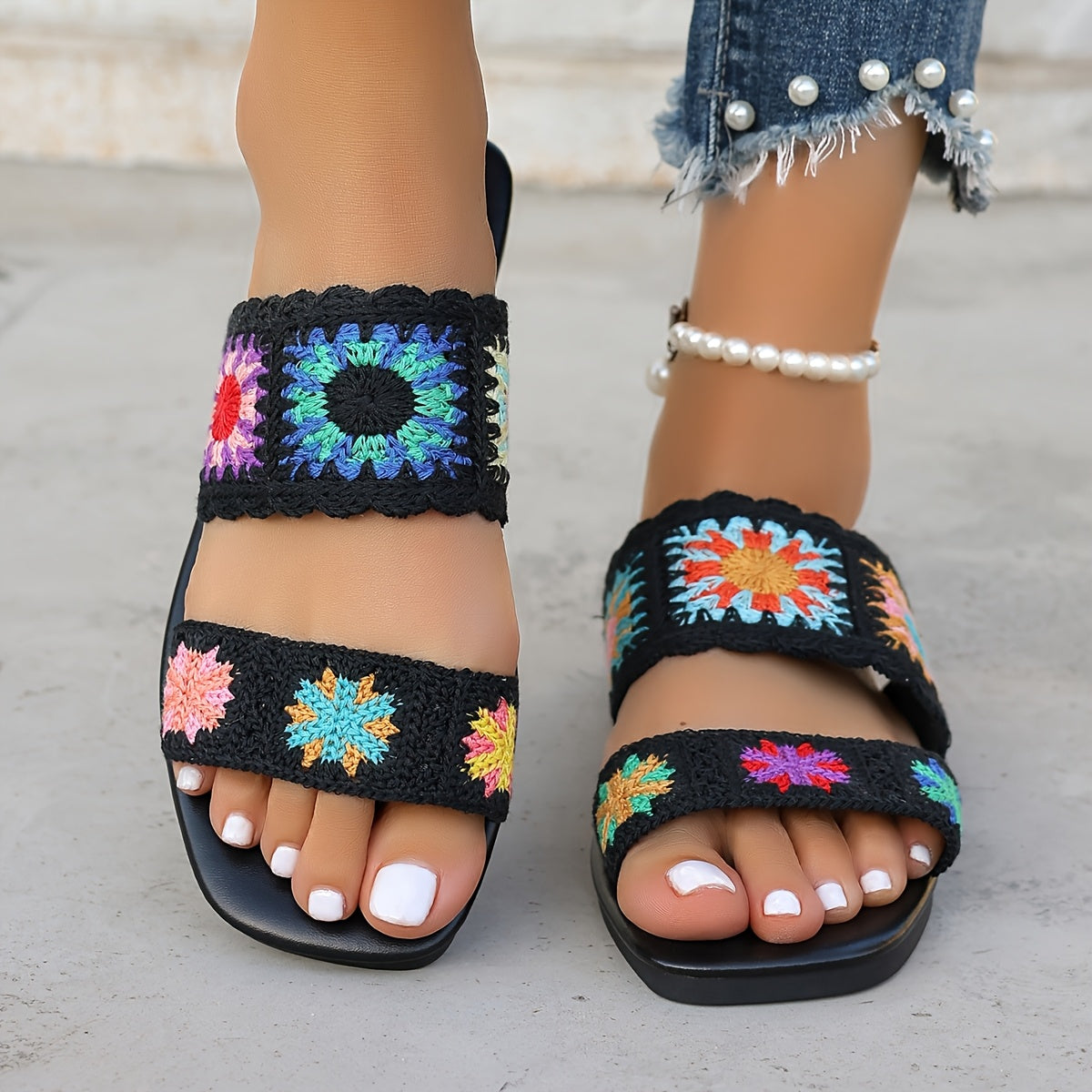 Women's Colorful Lace Crochet Bohemian Flat Sandals Beach Travel Slippers
