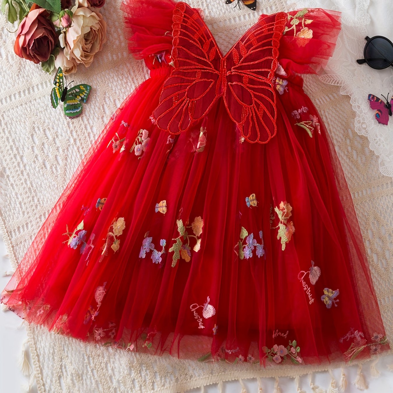 Infant Toddler Girl Summer Mesh Dress Butterfly Embroidery Cap Sleeve Baby Dress