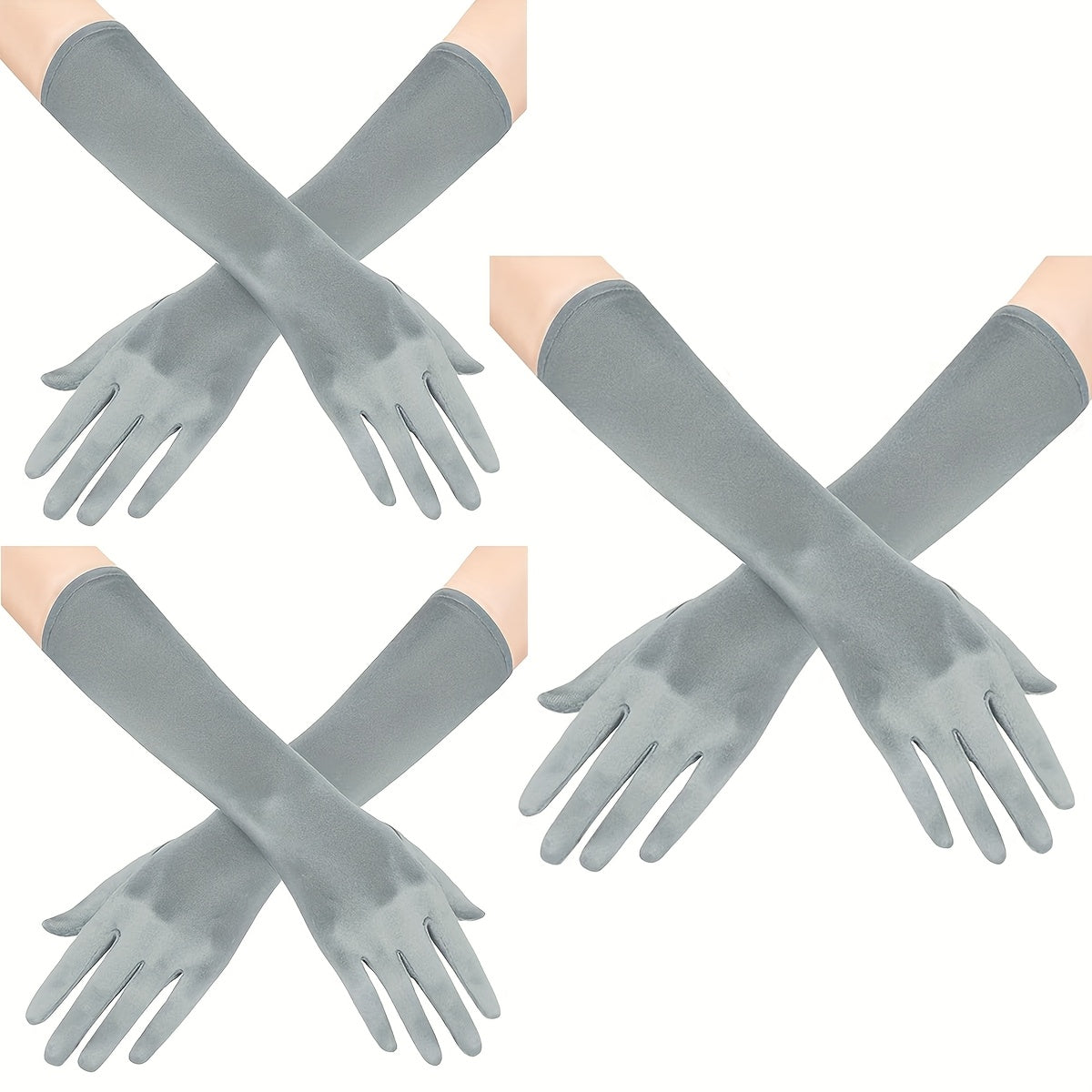 Ayollar uchun satindan tayyorlangan uzun opera qo'llari, 3 ta, vintage, tirsak uzunligi, kechki kiyim va to'y uchun