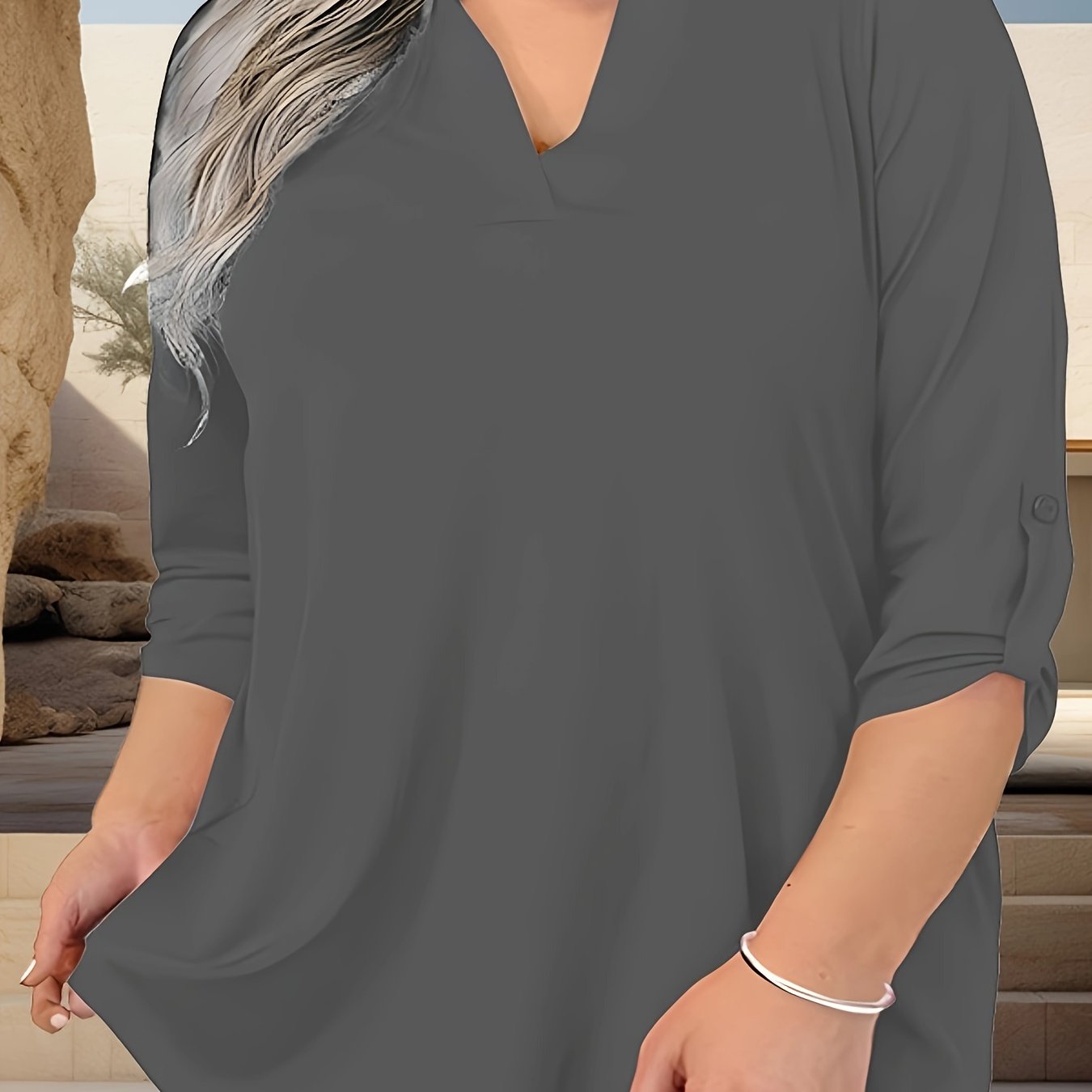 Plus o'lcham ayollar uchun to'liq rangli roll-up ko'ylakli T-shirt, kundalik notched bo'yinli top