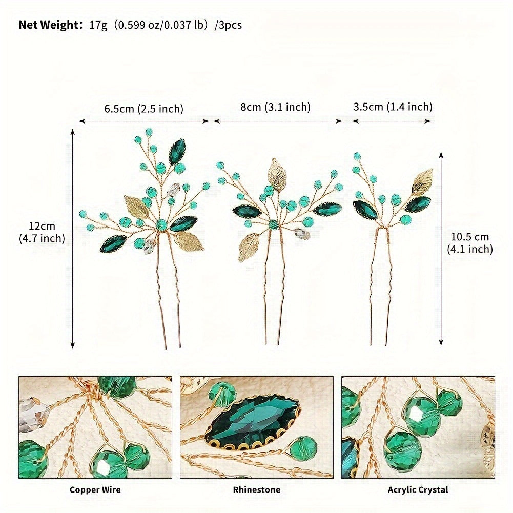 Set of 3 Green Leaf Rhinestone Hairpins for Bridal Hair Accessories Hanfu Style