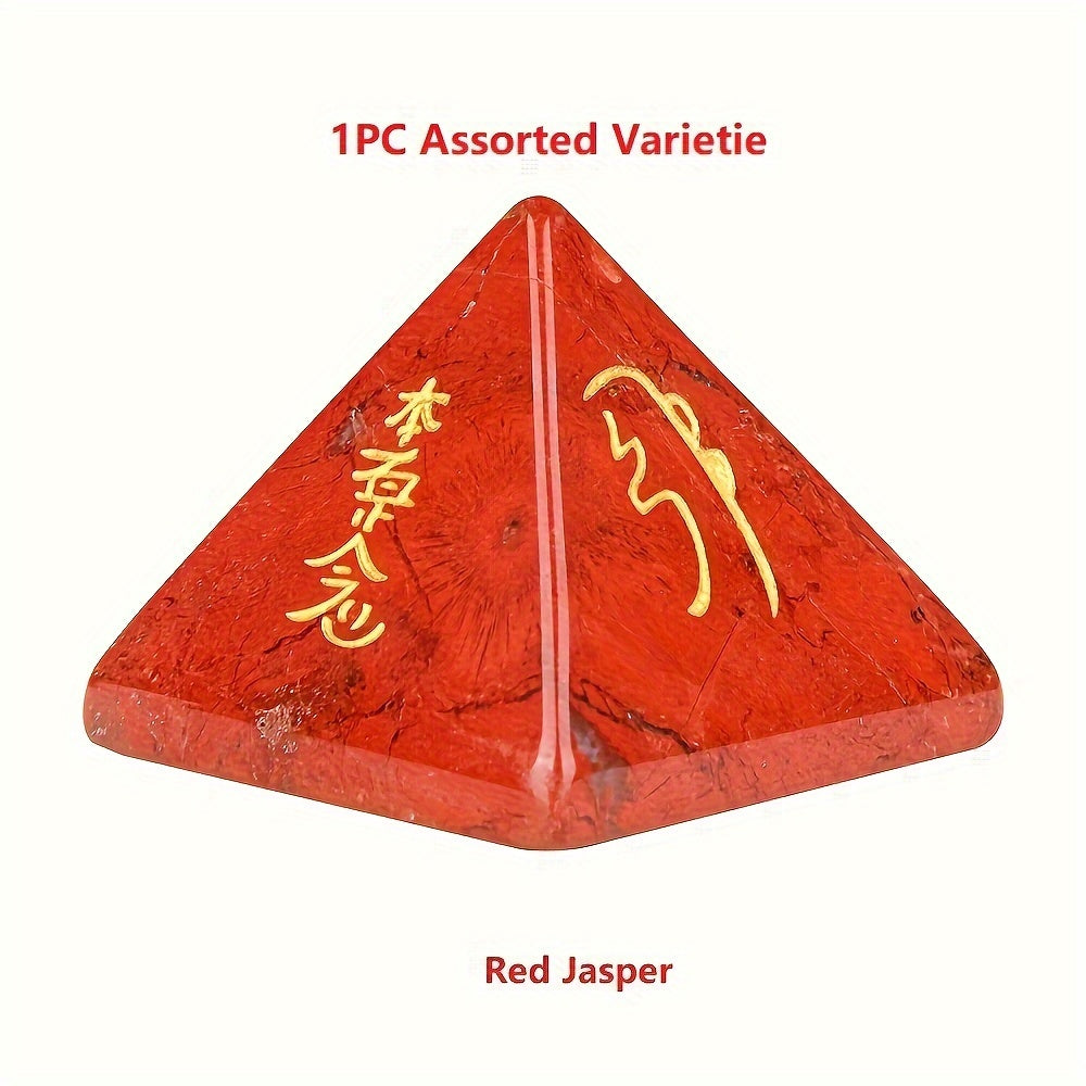 Hand-Carved Reiki Symbol Pyramid Natural Stone with Healing Crystals for Meditation and Gift