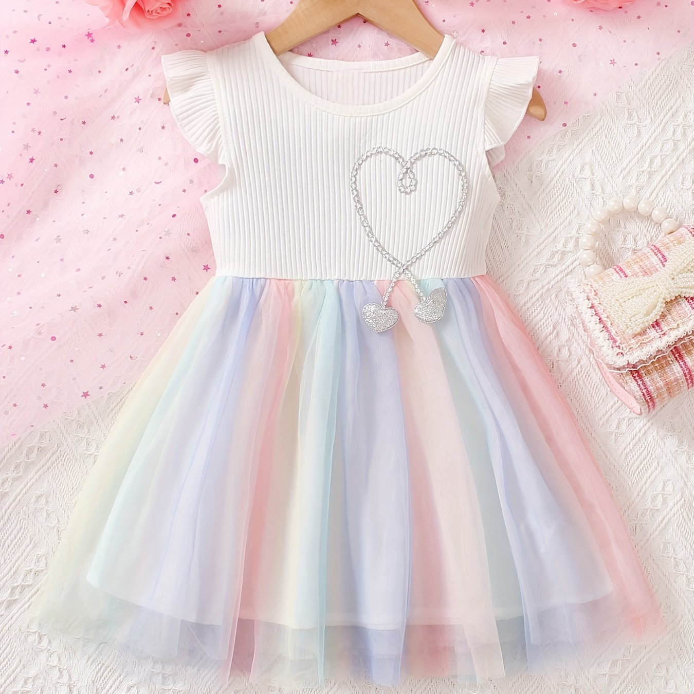 Children's Rainbow Tutu Princess Dress with Rhinestone Decor and Flying Sleeves for Summer