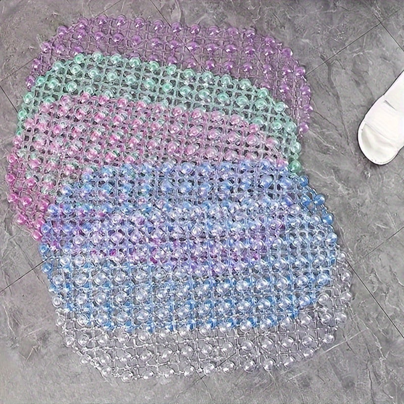 Blue PVC Oval Non-Slip Bath Mat Water Bead Design Soft Comfortable Hand Washable