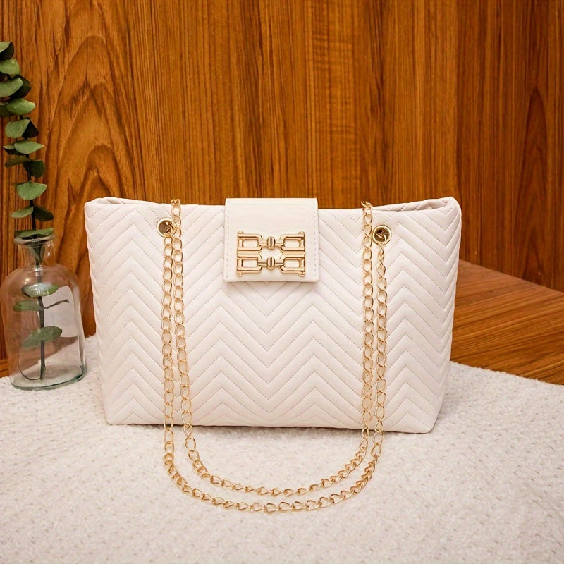 Retro Tote Bag for Women with Magnetic Closure Chevron Pattern Crossbody Shoulder Bag in Black White Light Brown