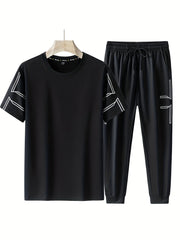 Men's Casual Outfit Geometric Line Pattern T-Shirt and Drawstring Jogger Pants