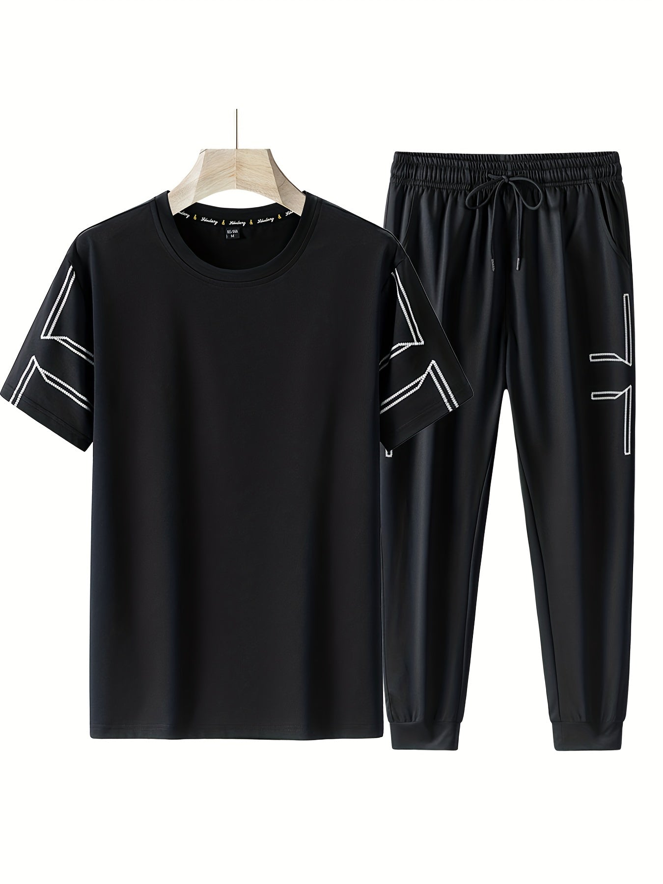 Men's Casual Outfit Geometric Line Pattern T-Shirt and Drawstring Jogger Pants