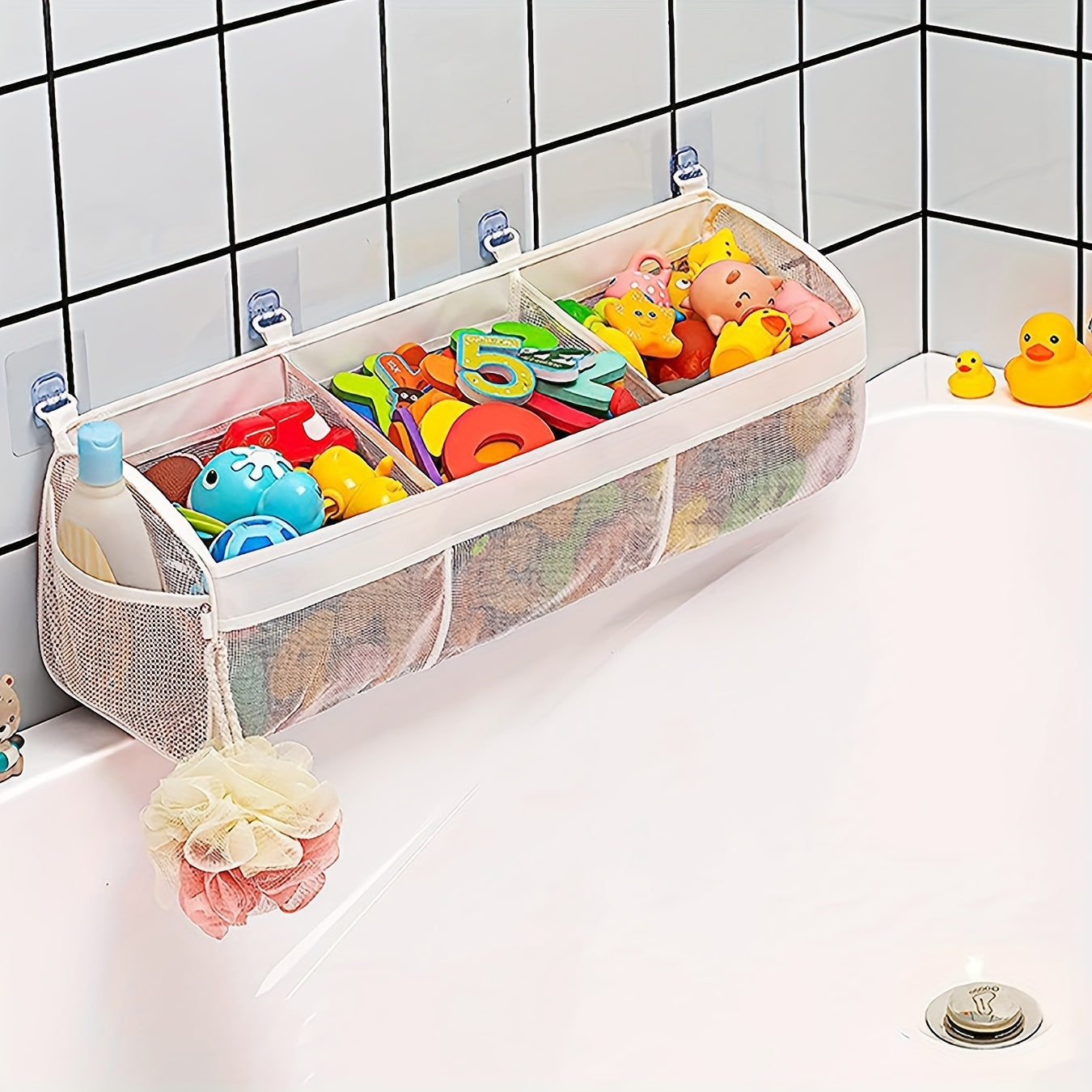 Large Capacity Mesh Bath Toy Organizer Wall Mount Storage Bag for Bathroom Kids