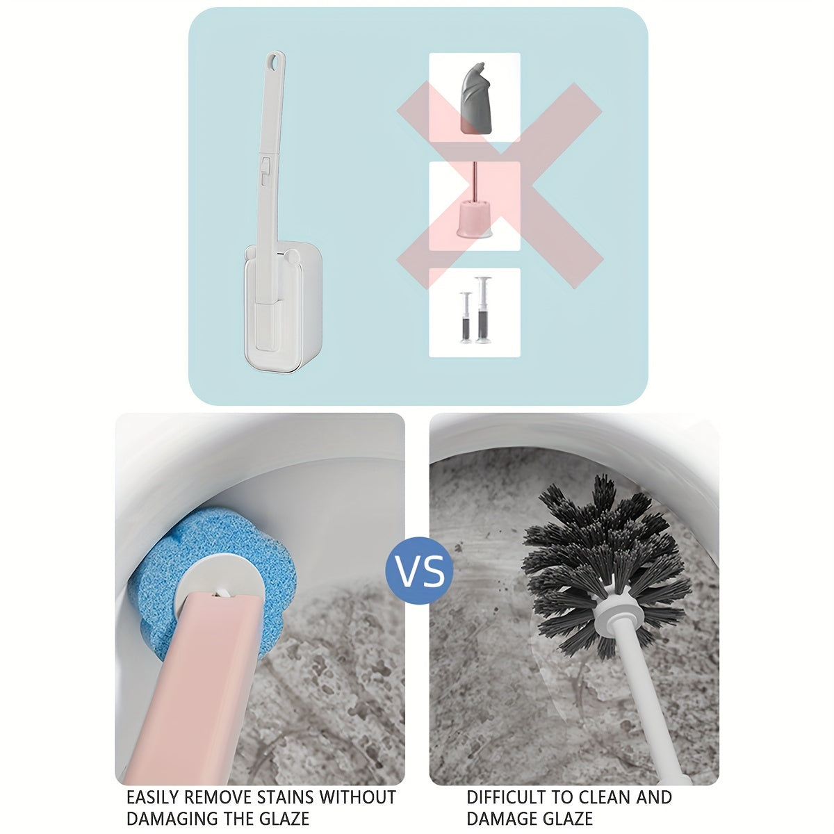 Replaceable Toilet Brush Set with 2 Replacement Heads in Yellow and Purple