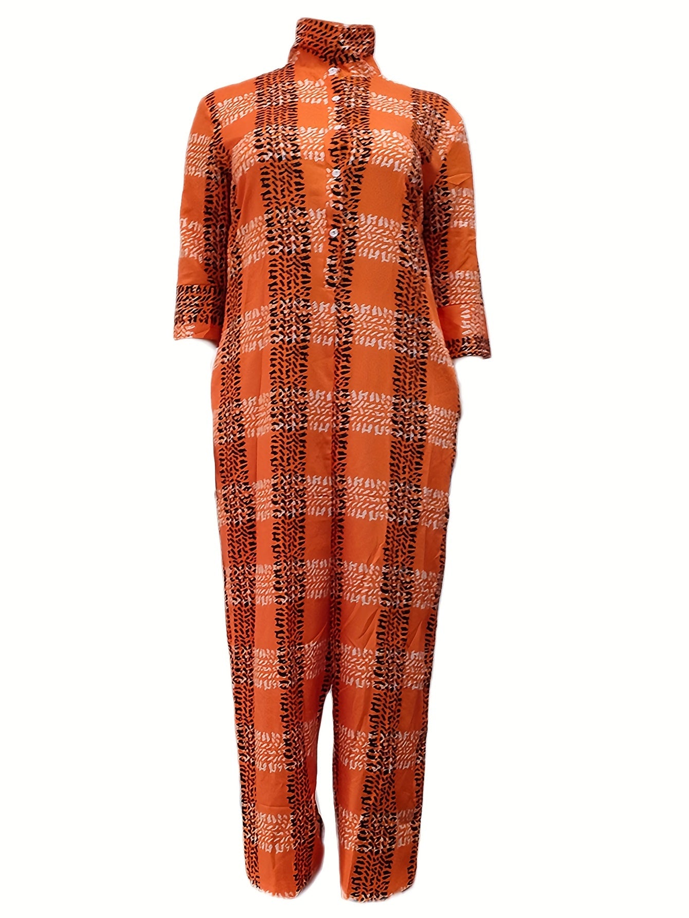 Plus Size Plaid Jumpsuit Casual Long Sleeve Button-Front Women‍s Clothing