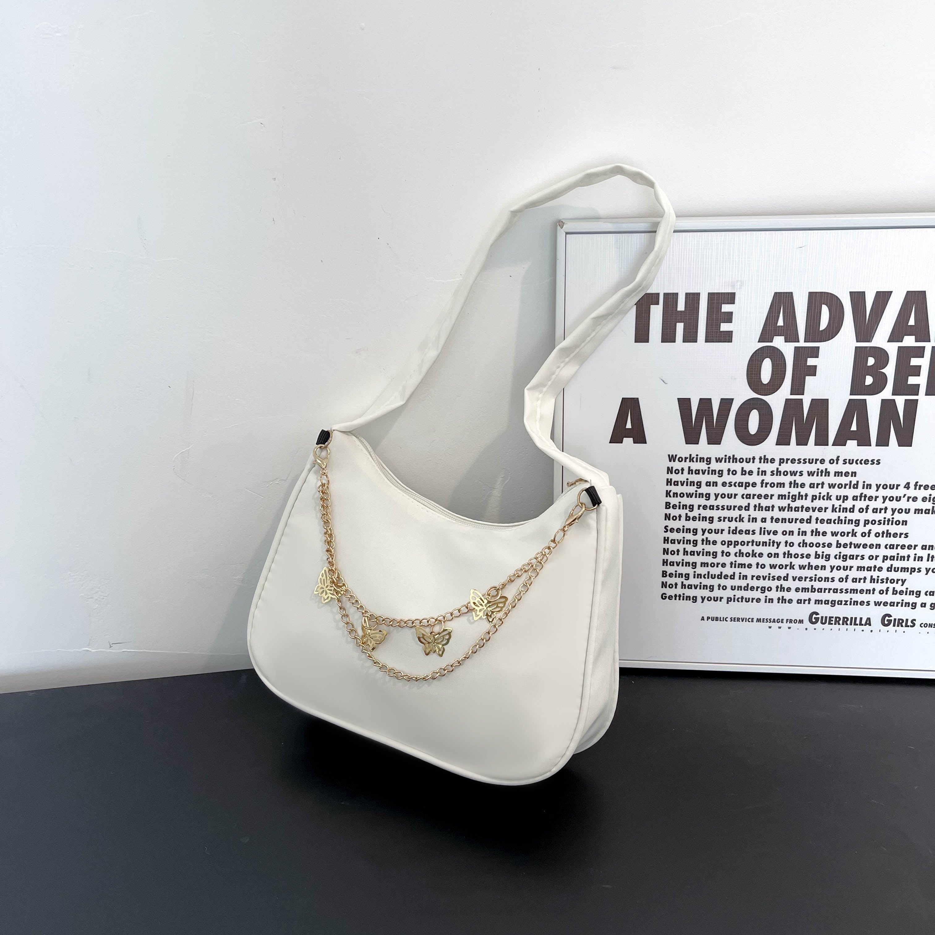 Bolso de hombro de poliéster con cierre de cremallera de cadena de mariposa para vacaciones y fiesta