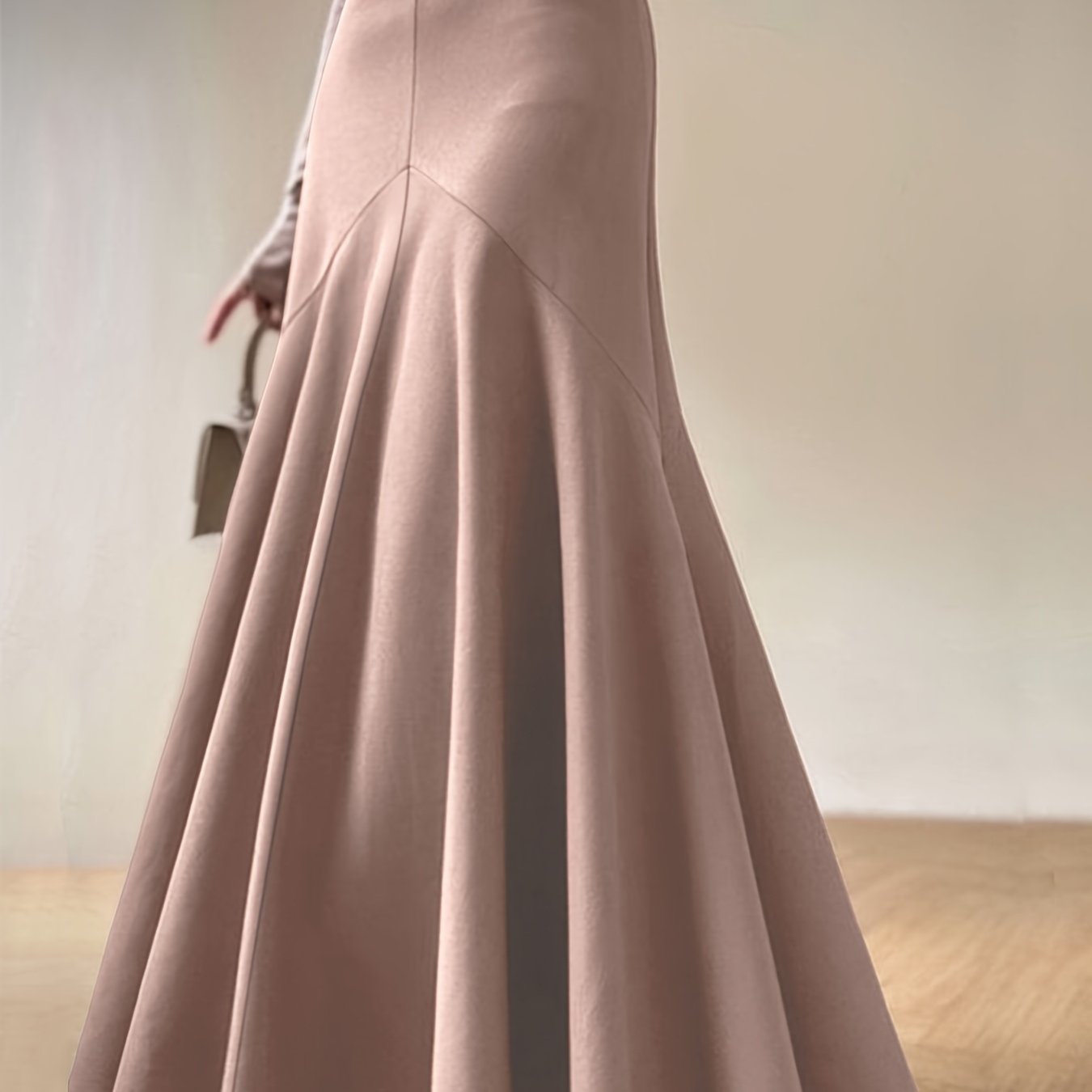 Falda midi acampanada para mujer de talla grande, rosa suave, de cintura alta, para todas las estaciones