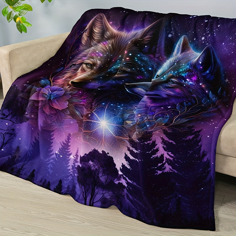 Starry Sky Wolf Print Flannel Blanket Soft Warm Throw for Couch Bed Camping Travel