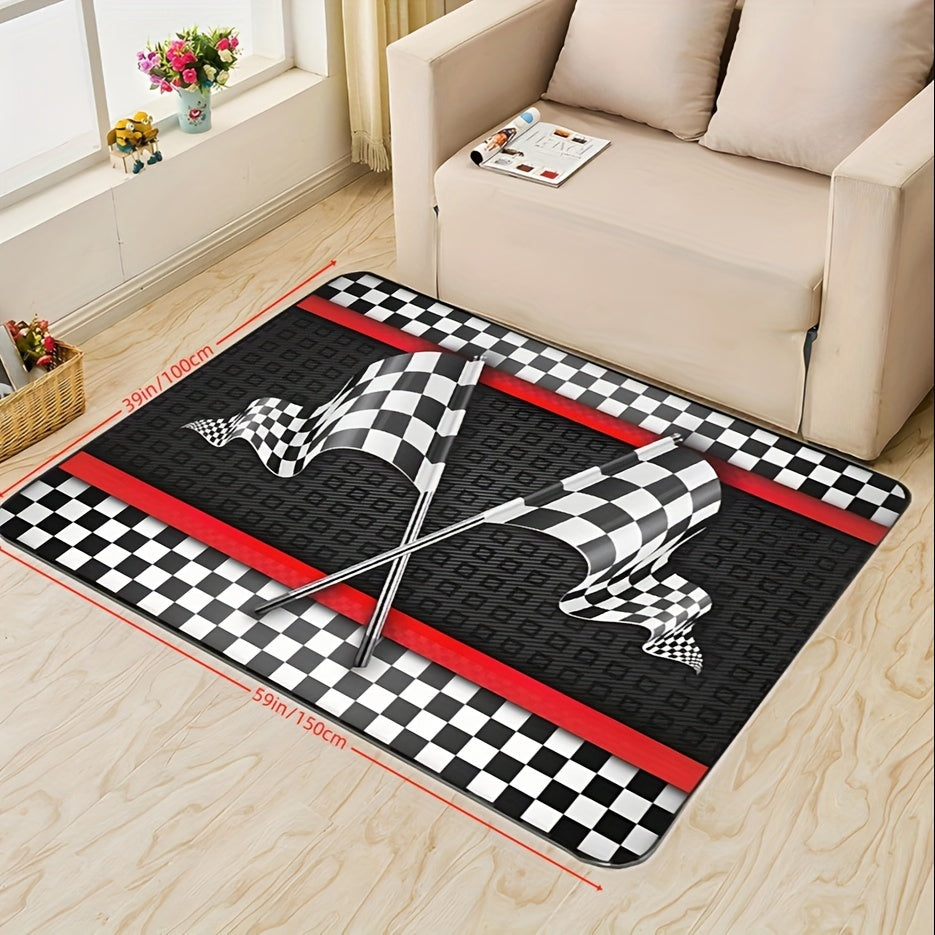 Flannel Racing Flag Mat Non-Slip Checkered Design 1.1cm Thick for Living Room Bedroom