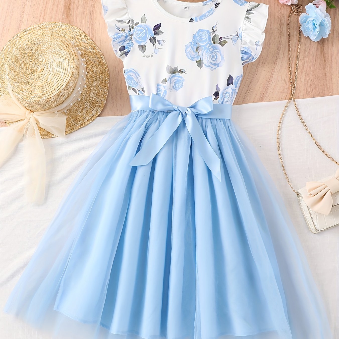 Girls Summer Floral Dress with Spaghetti Straps and Bow Detail