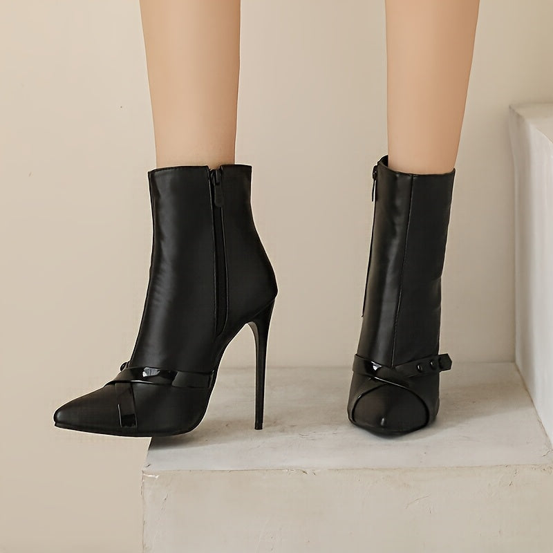 Women's Black Synthetic Pointed Toe Stiletto Ankle Boots with Zipper