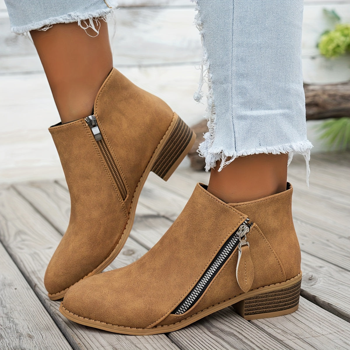 Women's Ankle Boots Pointed Toe Faux Leather Side Zipper All-Season Brown