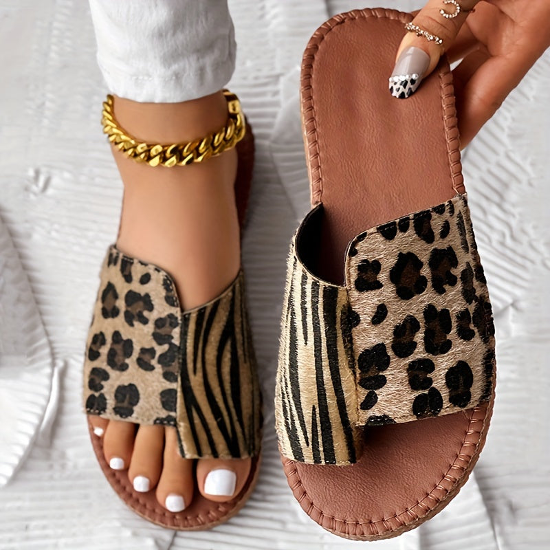 Women Two-Tone Leopard Print Slide Sandals Open Toe Flat Heel