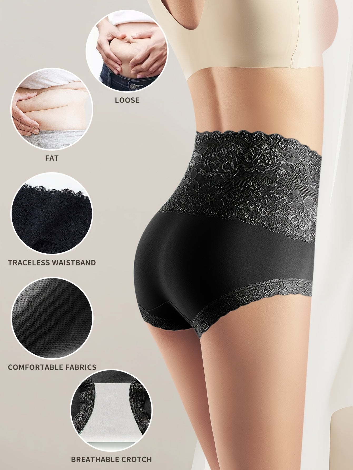 Bragas de encaje de cintura alta para mujer, ropa interior de algodón sin costuras, pack de 6
