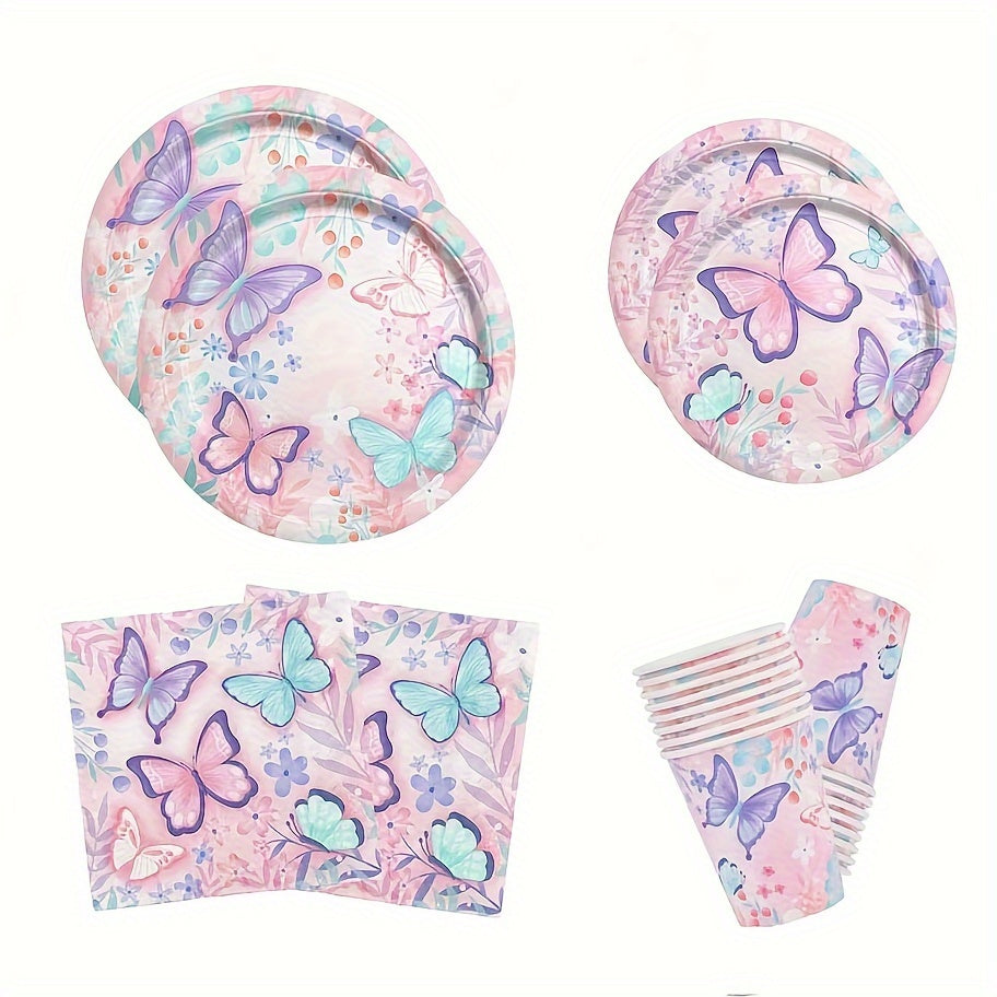 Ekologik toza kapalak mavzusidagi bir martali ishlatiladigan dasturxon to'plami 50 donadan iborat - Qog'oz tarelkalar, salfetkalar, tug'ilgan kun bezaklari uchun stakanlar, elektr energiyasini talab qilmaydi.