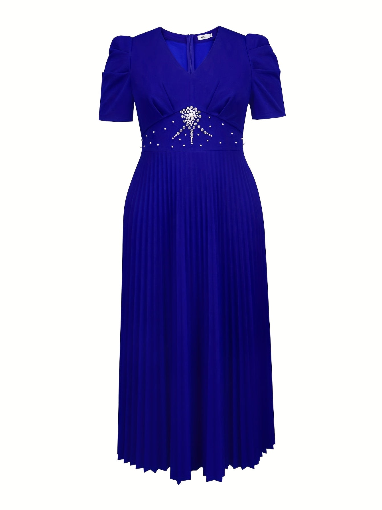 Women's Blue Beaded Rhinestone V-Neck Evening Dress Midi A-Line Party Gown