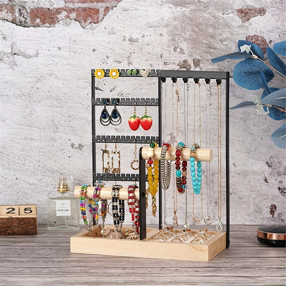 White Wooden Jewelry Organizer Stand with 5 Tiers and Iron Necklace Hooks